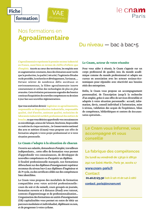 Fiche formation agroalimentaire Fiche formation agroalimentaire